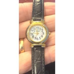 VTG women's 27mm Gold Tone Guess Watch,, MOP Face, Black Leather Band